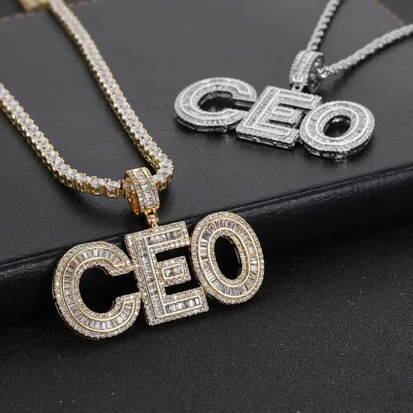 The White Gold Custom Baguette Letter Pendant adds a luxurious touch to any Hip Hop wardrobe. Crafted with white gold and adorned with baguette diamonds, it’s hypoallergenic and waterproof, perfect for adding a personalized flair to any look.