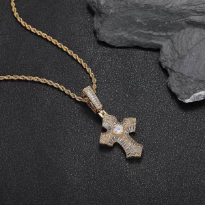 The Yellow Gold Iced Baguette Cross Pendant is a 21mm statement piece that combines timeless faith with a modern Hip Hop twist. Set in Yellow Gold plating, it features VVS simulated diamonds in baguette cuts, offering a brilliant shine. Hypoallergenic and waterproof, it’s designed for daily wear or special occasions. The warm Yellow Gold finish adds a touch of luxury to this meaningful accessory, making it a standout addition to any Hip Hop collection.