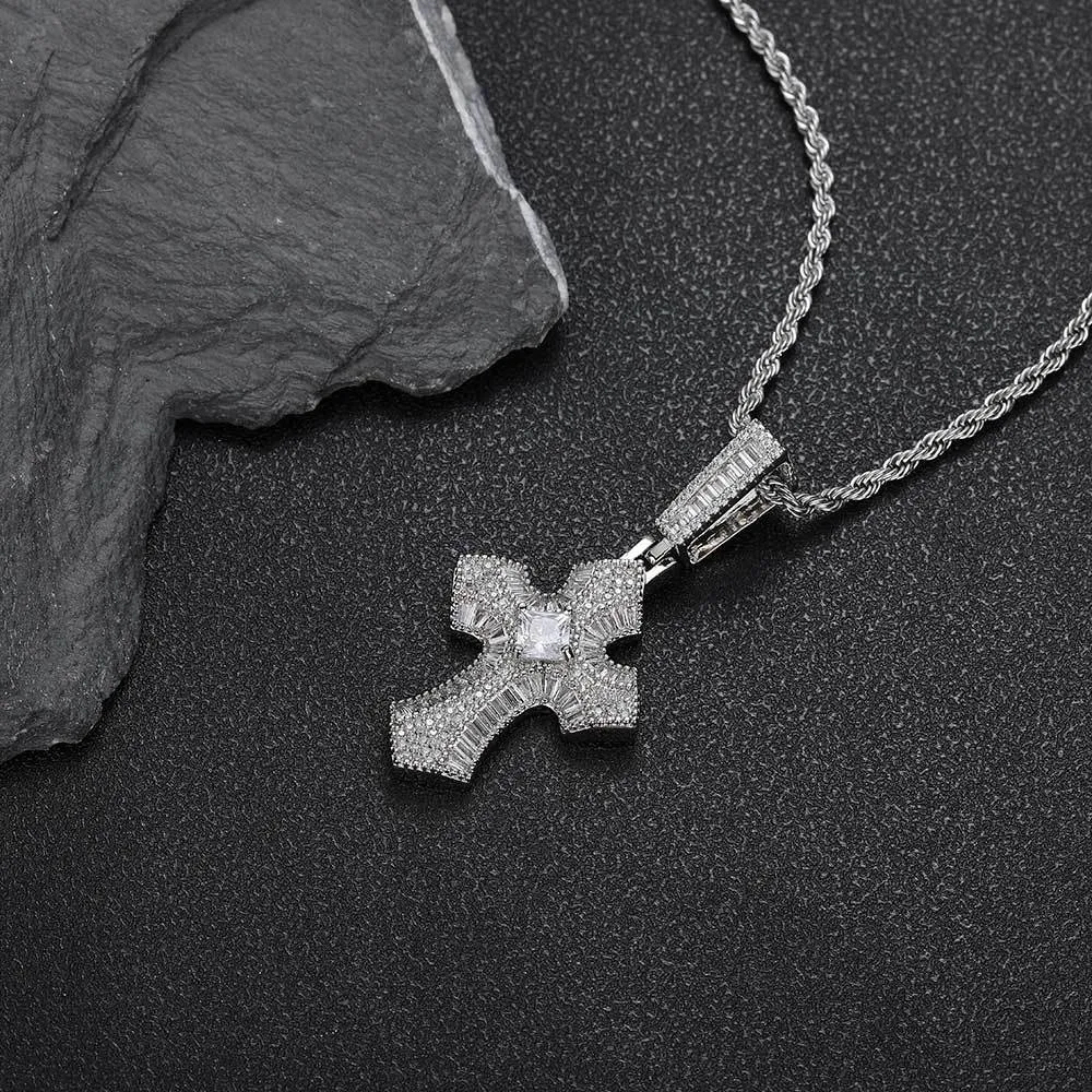 For a sleek and contemporary take, the White Gold Iced Baguette Cross Pendant offers the same faith-inspired design in a cool, modern finish. The 21mm pendant features VVS simulated diamonds in baguette cuts, framed in White Gold-plated metal. Hypoallergenic, scratch-resistant, and waterproof, it’s designed for both everyday wear and special events. The White Gold finish adds a cool elegance to this timeless yet modern Hip Hop accessory.