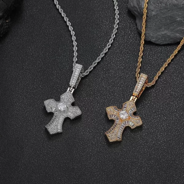 For a sleek and contemporary take, the White Gold Iced Baguette Cross Pendant offers the same faith-inspired design in a cool, modern finish. The 21mm pendant features VVS simulated diamonds in baguette cuts, framed in White Gold-plated metal. Hypoallergenic, scratch-resistant, and waterproof, it’s designed for both everyday wear and special events. The White Gold finish adds a cool elegance to this timeless yet modern Hip Hop accessory.