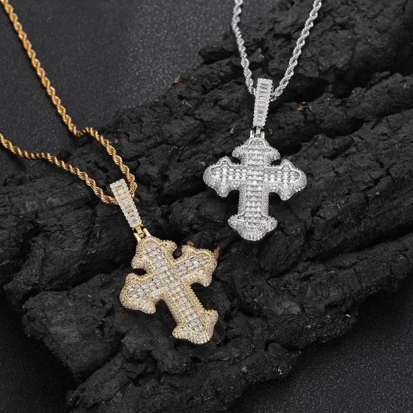 The Iced Baguette Cross Pendant combines faith and luxury in one stunning piece. With baguette-cut diamonds beautifully lining the cross, this gold-plated pendant provides a sleek and high-end look. Its hypoallergenic and waterproof design ensures that you can wear it comfortably every day. Whether you want to express your faith or simply add a timeless piece to your collection, this pendant is a versatile choice for any occasion, blending perfectly with Hip Hop style.