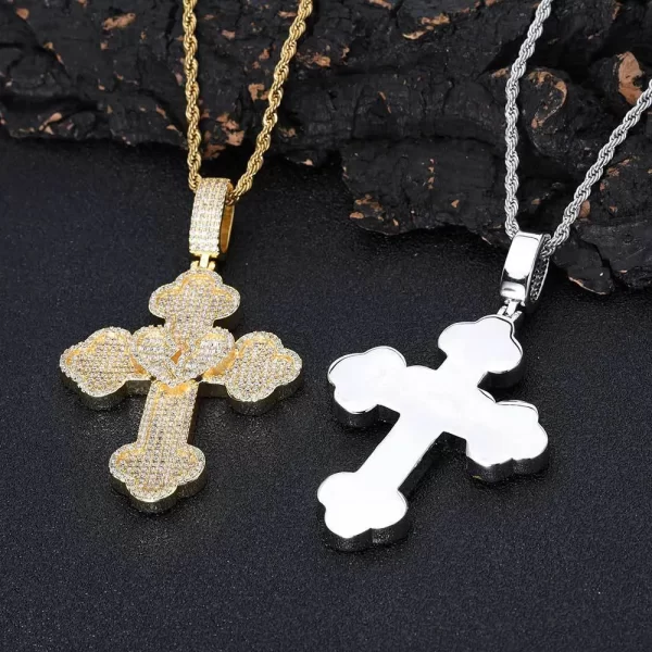 The White Gold Iced Heartbroken Cross Pendant brings together love, faith, and Hip-Hop flair. The broken-heart cross is encrusted with VVS simulated diamonds, adding a brilliant shine to this unique design. Crafted in White Gold plating, this pendant is durable, hypoallergenic, and scratch-resistant, making it perfect for daily wear or special occasions. It offers both spiritual significance and stylish appeal, blending luxury with a modern edge. This pendant is perfect for those looking to add a meaningful, bold accessory to their jewelry collection.