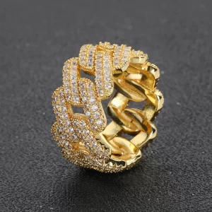 The Iced Prong Cuban Ring in Yellow Gold - 11mm is designed for those who love bold, oversized jewelry. Featuring prong-set VVS Simulated Diamonds and a luxurious Yellow Gold finish, this 11mm ring adds a powerful touch of luxury to any outfit. Its wide design makes it a perfect statement piece for Hip Hop fans who appreciate high-end style and want to stand out in any setting.