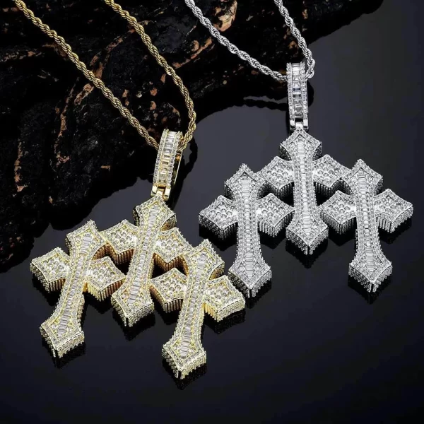 The Iced Baguette Cross Pendant offers a dazzling twist on the classic cross design. Crafted with gold plating and encrusted with shimmering diamonds, this pendant adds an element of luxury to any outfit. Hypoallergenic, waterproof, and scratch-resistant, it's designed for everyday wear, from casual to formal occasions. A perfect gift or personal statement piece, this pendant embodies elegance and strength, combining the best of classic and Hip Hop style.