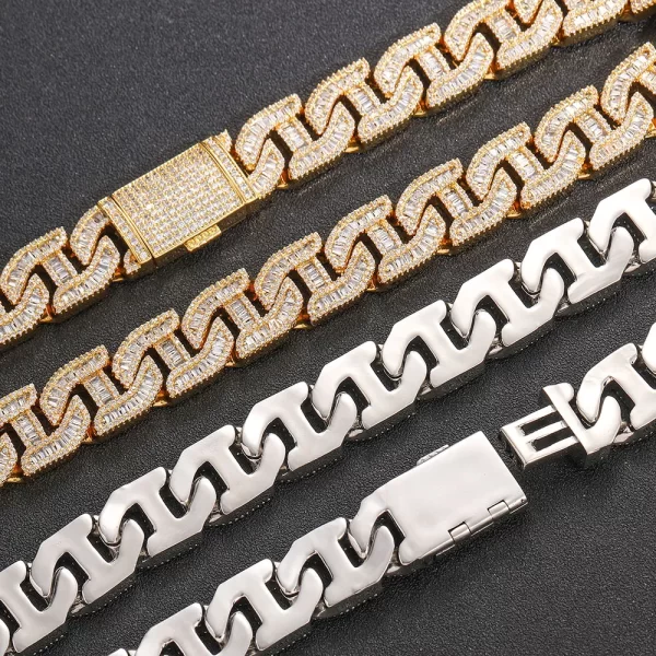 Make a statement with the Iced Diamond Miami Cuban Link Chain in White Gold. This bold 16mm Cuban link chain is adorned with prong-set VVS Simulated Diamonds for ultimate shine, while the White Gold finish adds a sleek, modern touch. Whether worn solo or layered, this chain guarantees a standout look with its combination of strength, style, and shine. Perfect for those who want to add elegance to their Hip Hop wardrobe.